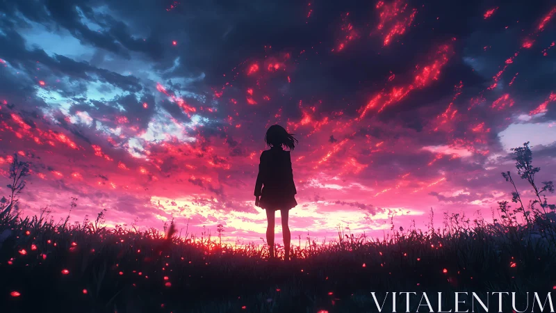 Silhouetted girl watches blazing magenta sunset sky alone