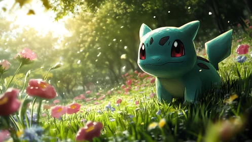 Bulbasaur rendered in sunlit forest meadow environment.