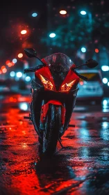 Sport motorcycle in neon-lit wet street with shallow depth of field