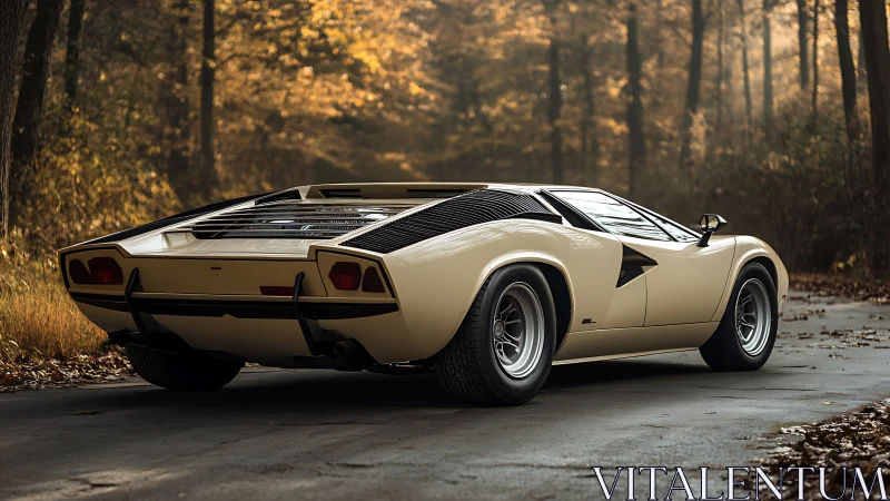 Autumn-kissed supercar lounges quietly on a forest road