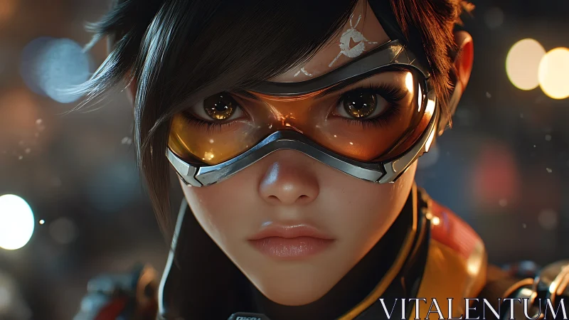 Cybernetic pilot portrait with high-gloss optical visor focus.