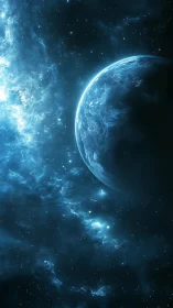 Gentle blue planet drifting through a glowing starry nebula.