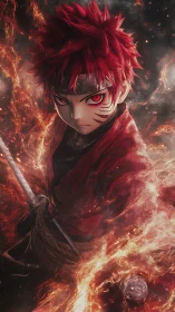 Fiery anime swordsman rendered with high-detail particle effects