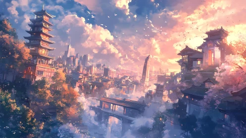 Sunlit hybrid city merges neo-futurist skyline and layered pagodas