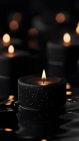 Single black floating candle with flame in dark liquid.