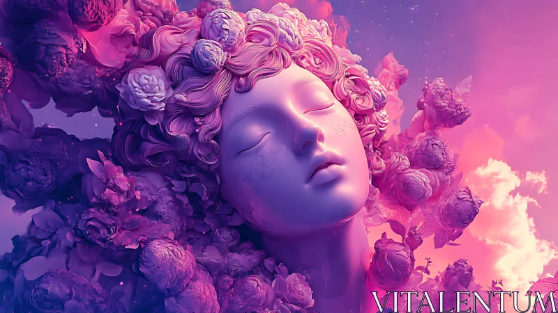 Neo-baroque marble visage in bioluminescent floral nebula