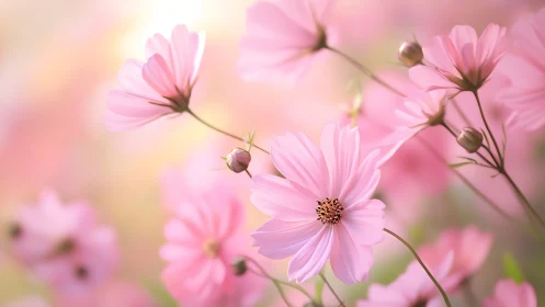 Pink cosmos flowers in soft focus bloom against blurred garden background.