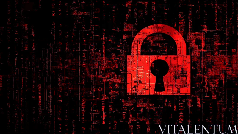 Red lock icon overlays glitch-textured digital circuit matrix background