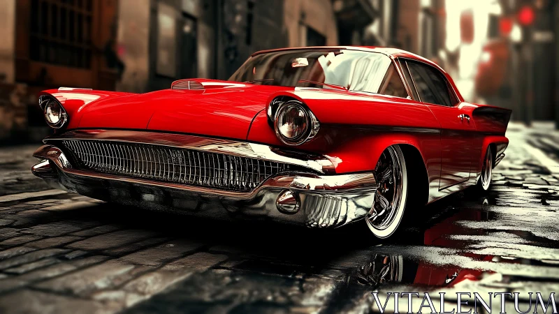 Red classic coupe glows against wet cobblestone street.