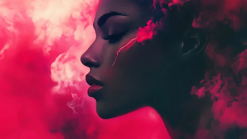 Digital profile portrait in neon red vapor storm.