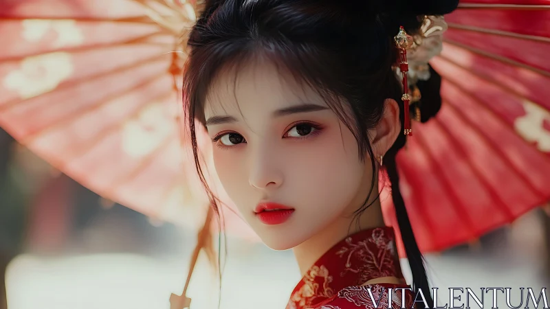 Digital portrait of kimono-clad woman under radial red parasol