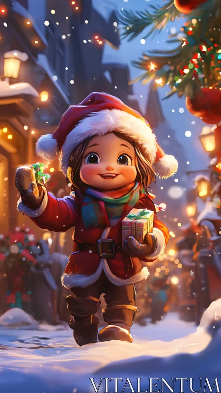 Child in Santa coat walks through glowing snowy street