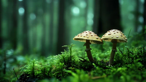Mushrooms with water droplets stand on moss in blurred forest