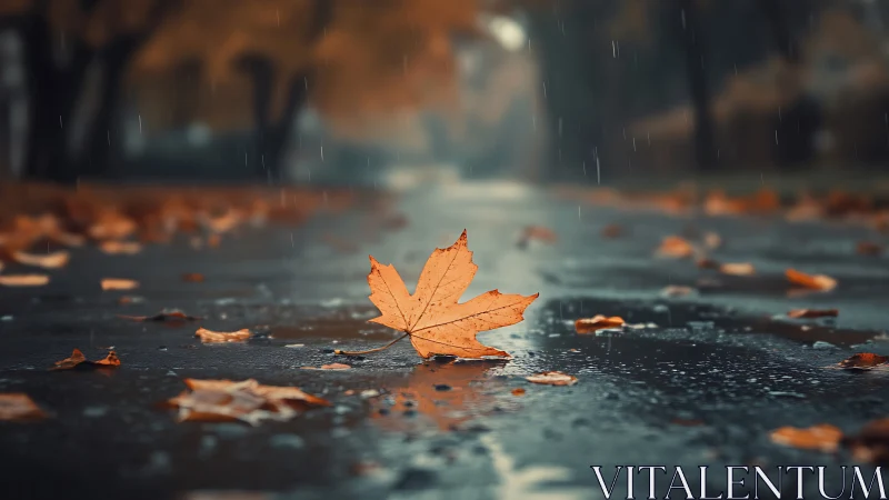 Lone maple leaf rests on wet autumn street in soft rain
