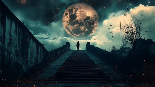 Moonlit wanderer walks a crumbling stairway into storming sky