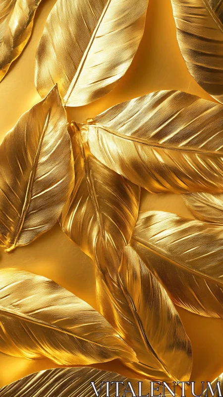 Metallic gold feathers overlap against reflective gold background