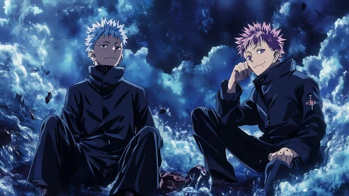 Two anime characters in dark uniforms amid blue waves.