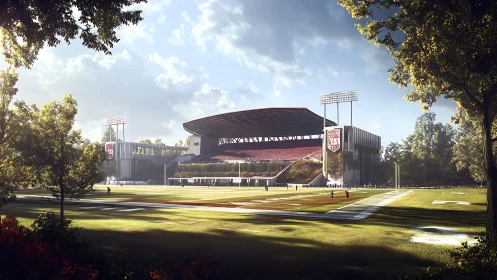 Modern football stadium with open field in sunny daylight.