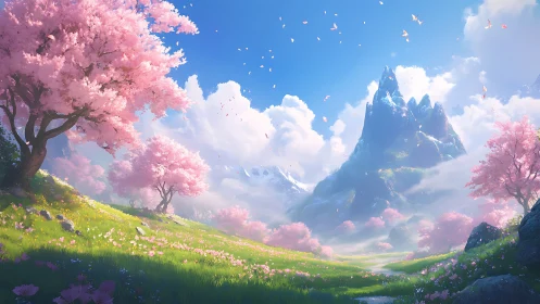 Spring mountains glow under soft cherry blossom skies