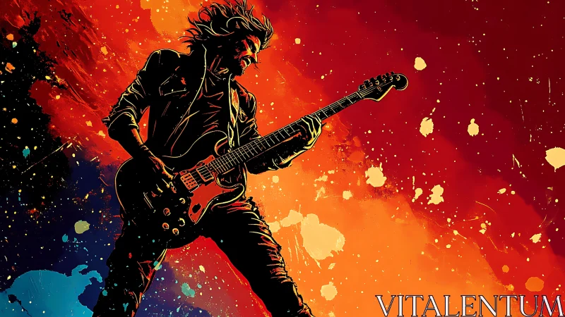 Electric guitarist silhouette in explosive warm gradients.