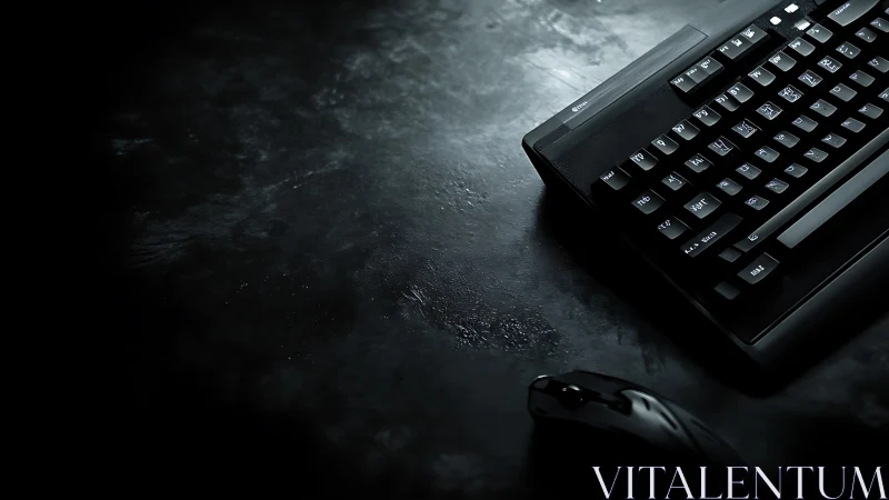 Dark workstation surface with backlit keyboard and mouse.