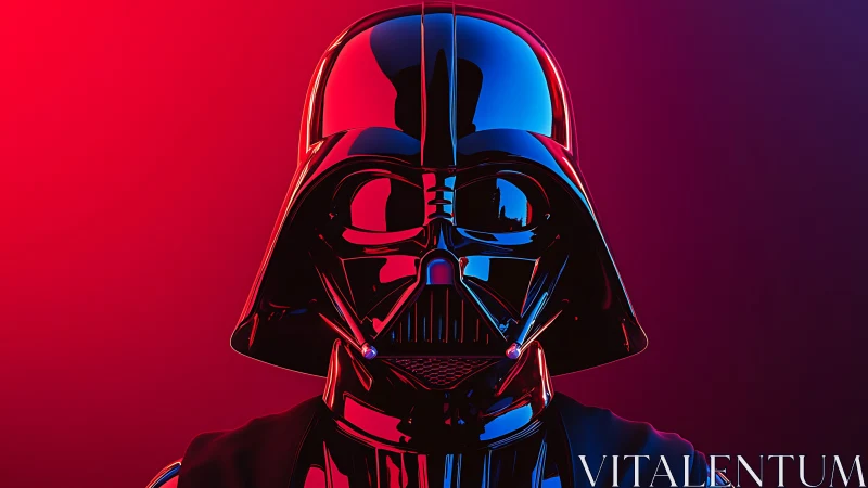 Dark armored helmet glows in vivid red and blue neon light.