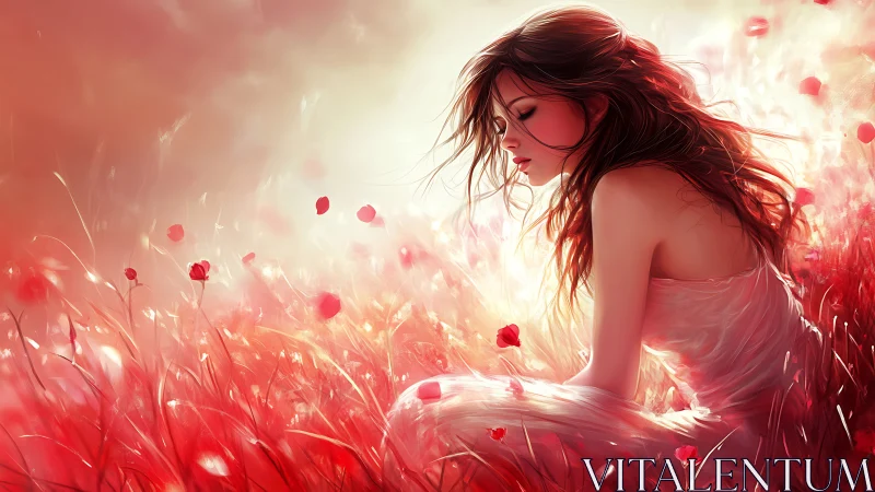 Luminescent field study of contemplative figure in red flora.