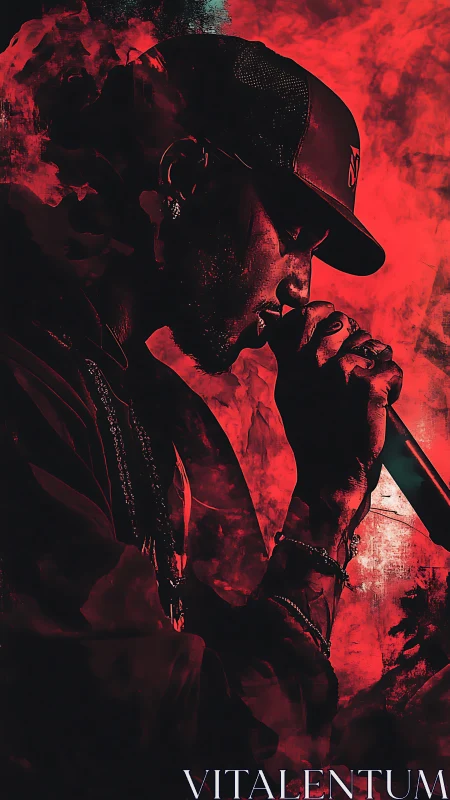 Monochrome red vocal silhouette with textured smoke diffusion.