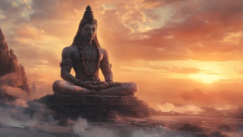 Meditating Shiva statue above clouds at fiery sunset sky.