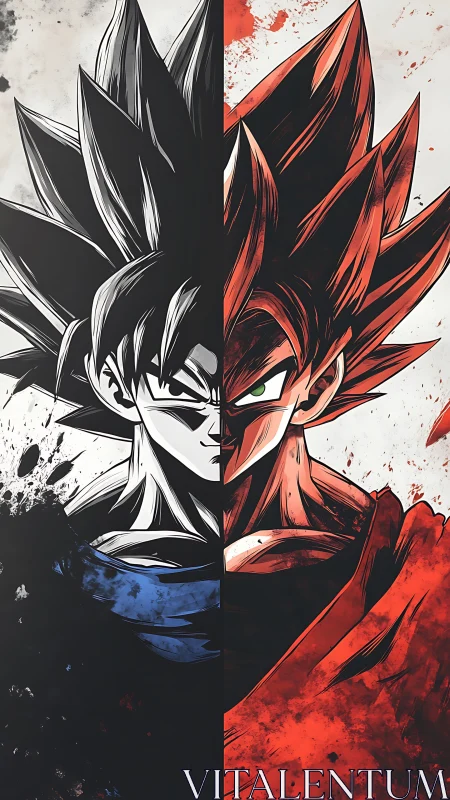 Split-screen anime warrior portrait contrasts monochrome and red saturation