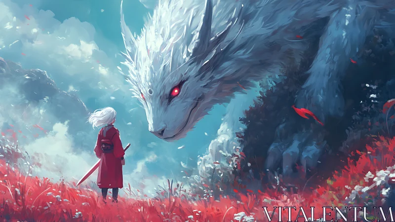 Sword-bearing wanderer confronts colossal spirit beast.