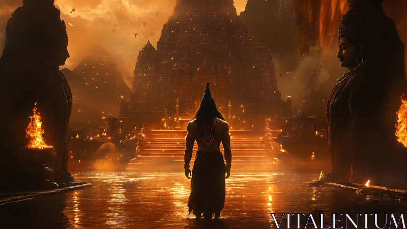 Solitary figure before illuminated temple and statues.