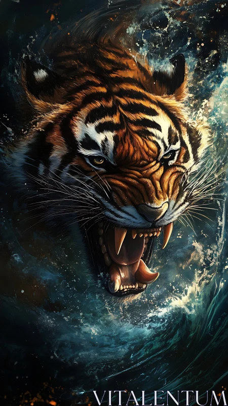 Tiger head emerges from turbulent water in digital render