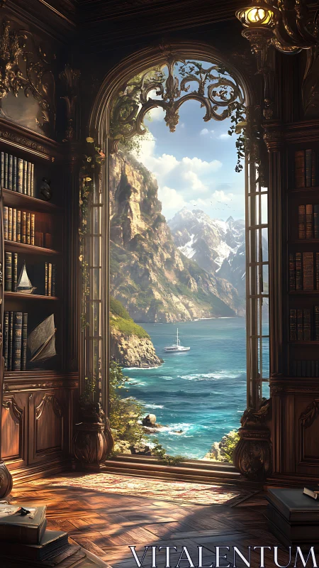 Ornate coastal library interior framing sunlit alpine bay