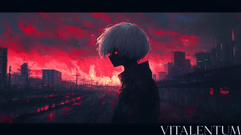 Silver haired silhouette in neon red dystopian cityscape at dusk
