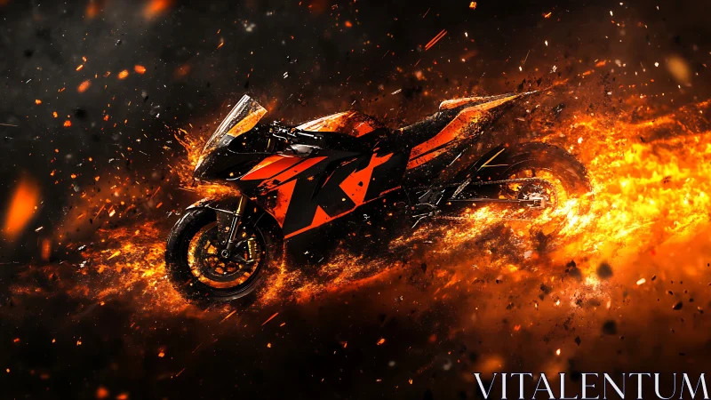 Sport motorcycle is rendered amid dynamic fire particles