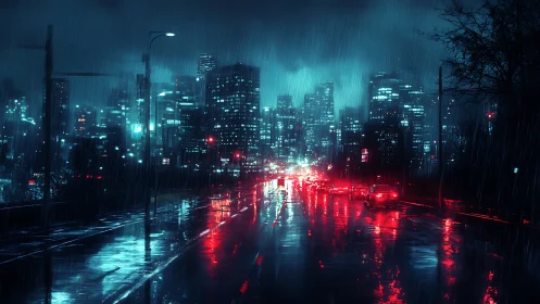 Rain soaked city avenue reflects neon car lights at night