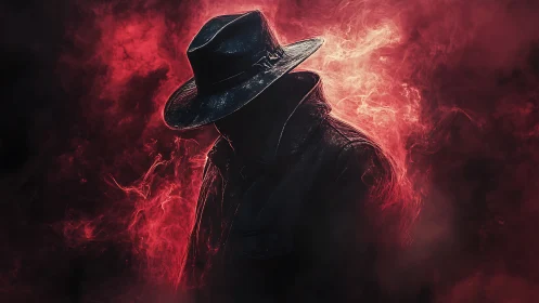 Shadowed wanderer in red mist and noir trench coat.