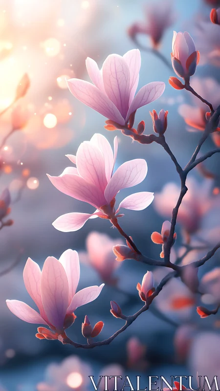 Backlit magnolia blossoms with soft bokeh at sunrise