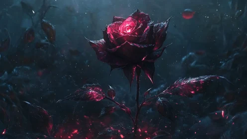 Dark glowing rose in misty night forest scene.