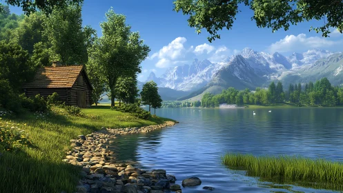 Lakefront cabin overlooks sunlit alpine mountains and pines.