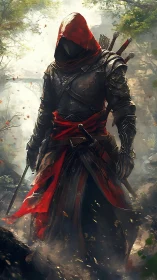 Hooded bladed operative in asymmetrical crimson field armor.