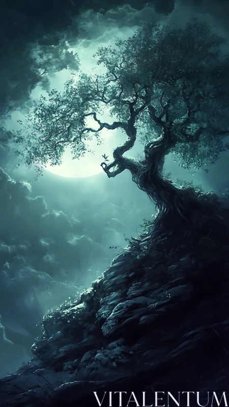 Moonlit cliffside tree leans into a dreamy night sky