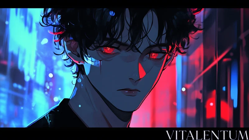 Neon-eyed loner in moody cyberpunk alleyway glow.