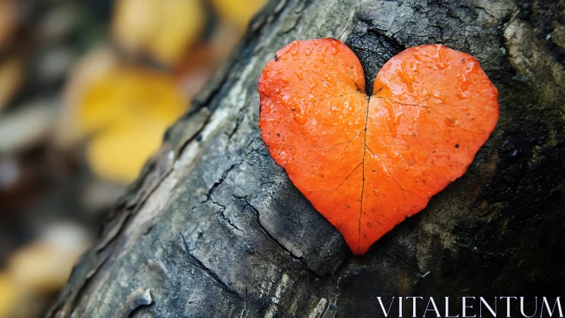 Vibrant Red Heart Leaf Resting on Weathered Tree Bark