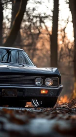 Classic black car front end in soft forest sunset light.