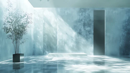 Sunlit minimal shrine where waterlight and shadows whisper.