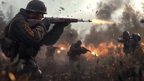 Soldiers under fire advance through burning battlefield.