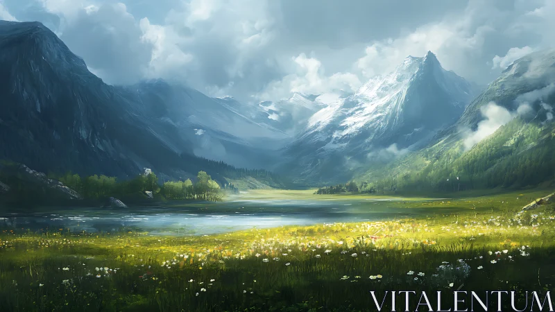 Sunlit wildflower valley beneath storybook glacier peaks.