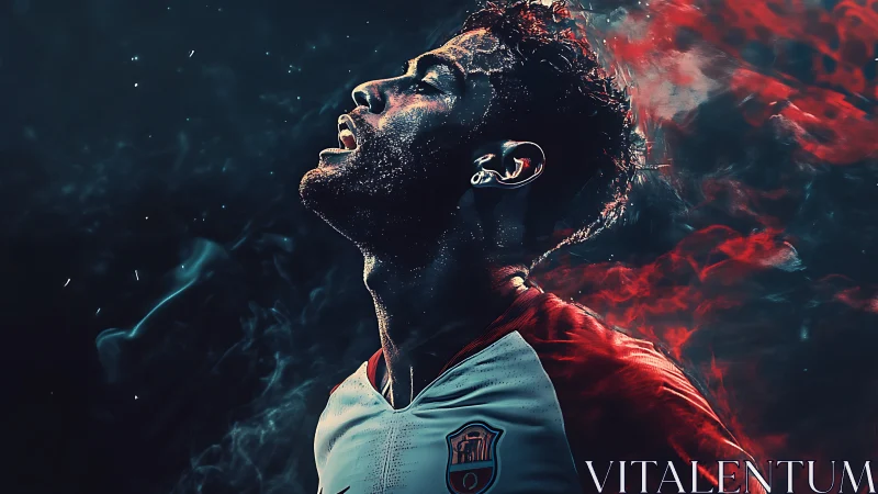 Footballer exhales fierce determination in smoky stadium glow